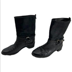 Stuart Weitzman black leather harness moto calf height boots size 7